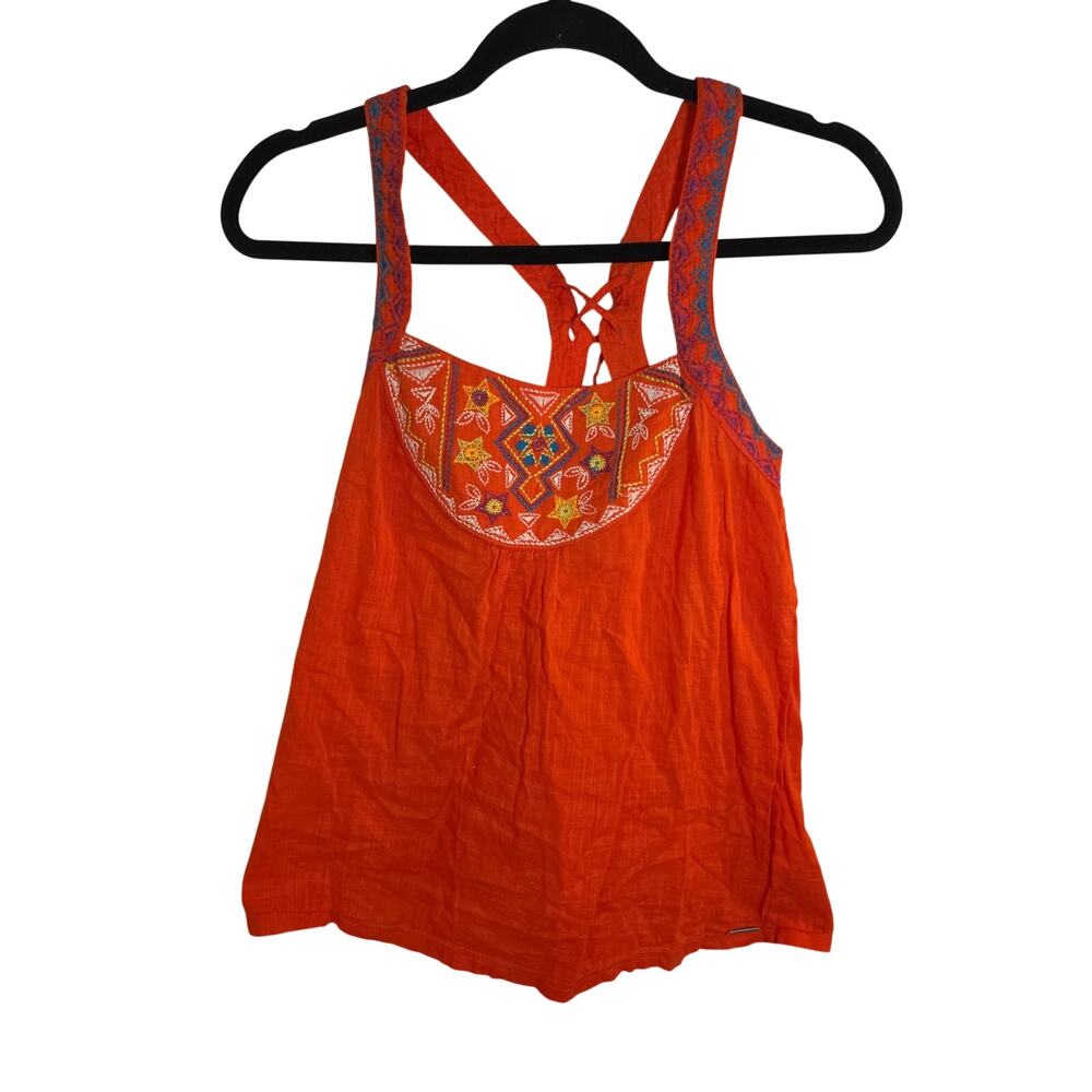 Roxy Orange Embroidered Boho Racerback Tank Top Size Small Adjustable Cross Ties